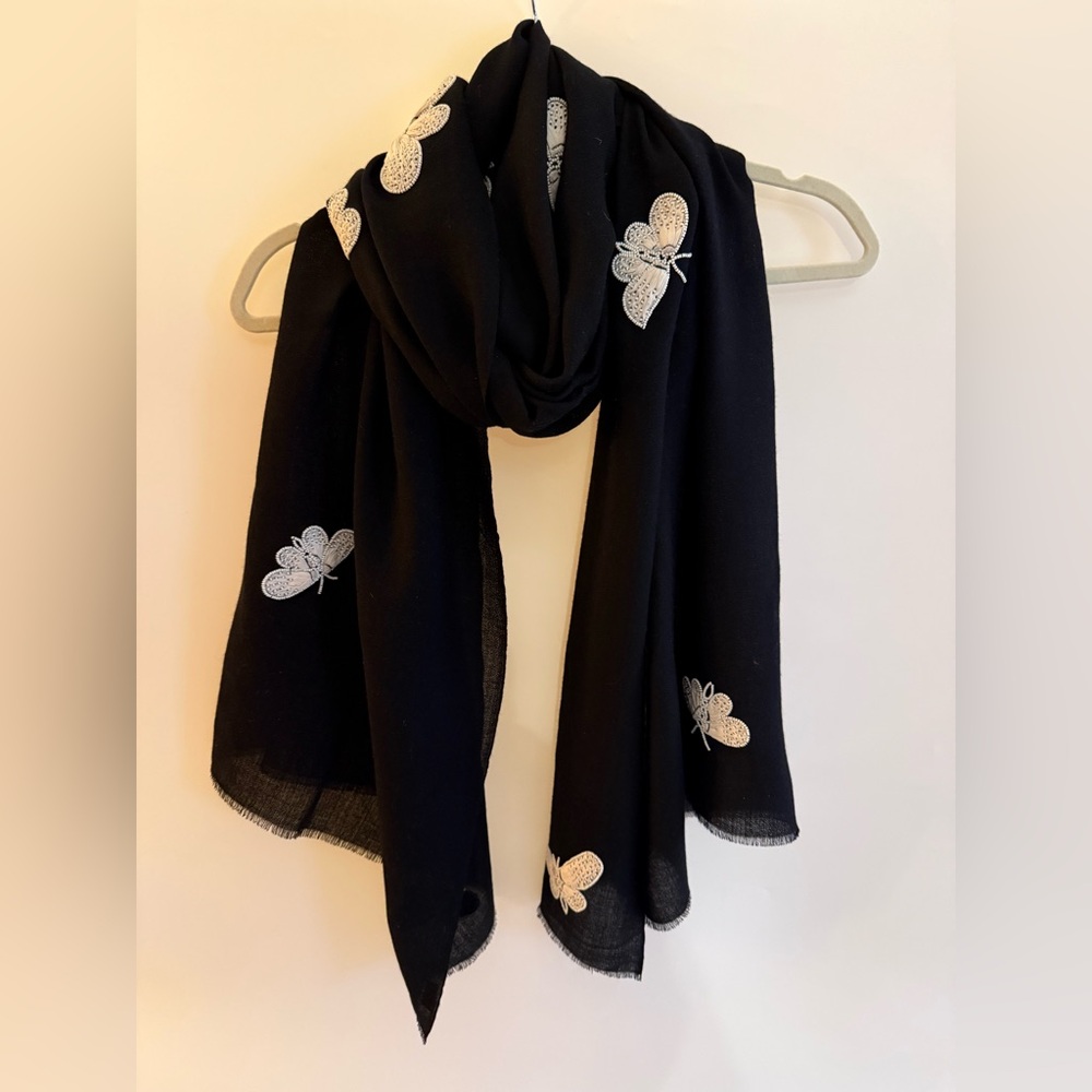 Janavi black cashmere embroidered butterly scarf
